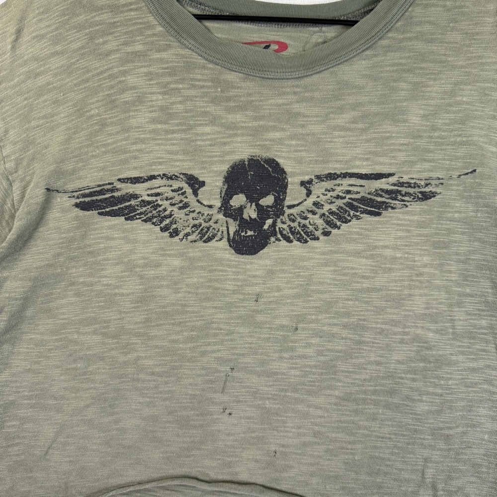 Rothco Skull Wings T- Shirt Crop Top Women S Grunge Biker Olive Green Distressed - Picture 3 of 6